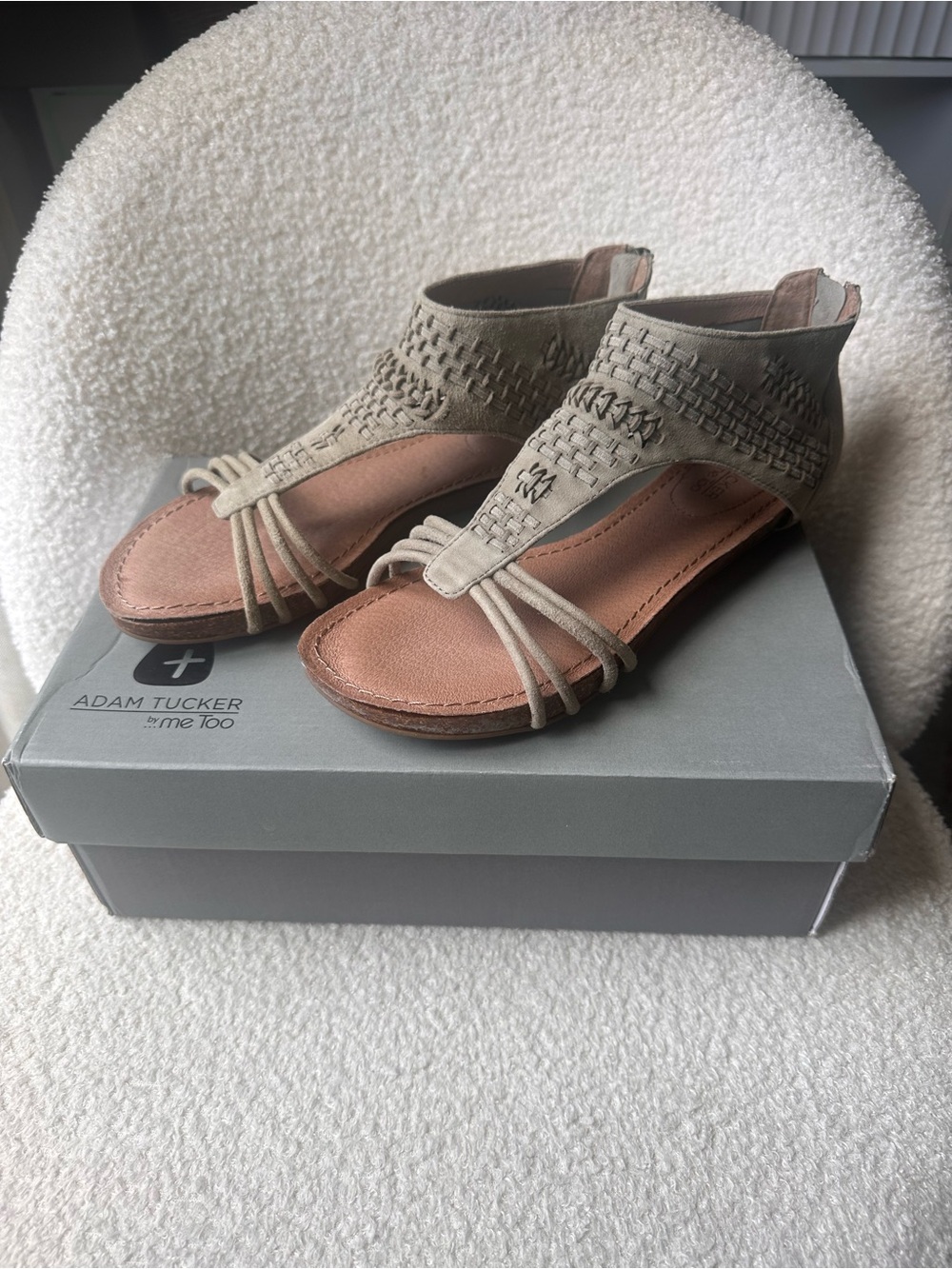 Adam Tucker Taupe Braided Ankle-Strap Sandals
